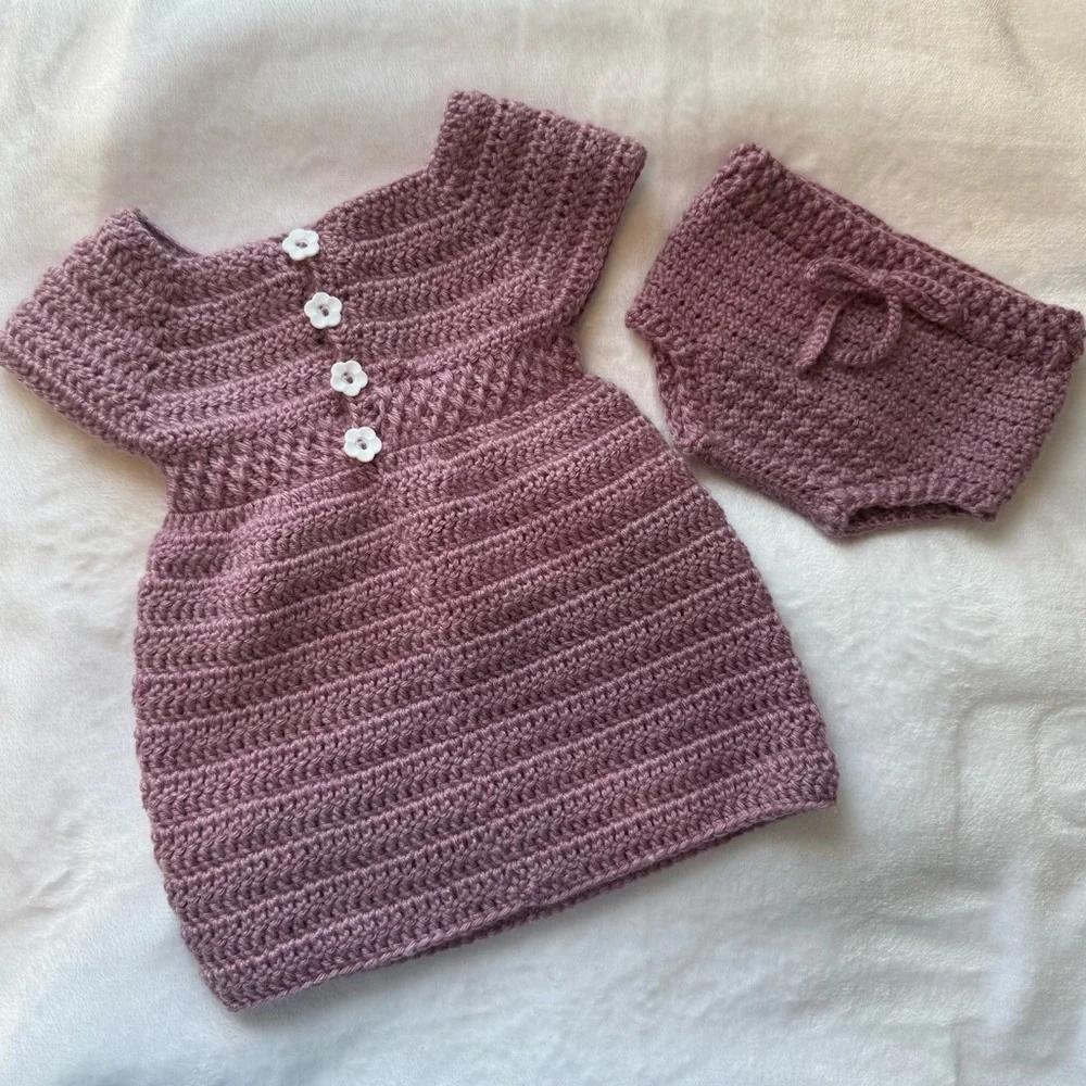 Handmade Purple Crochet Baby Dress and Bloomers Set
